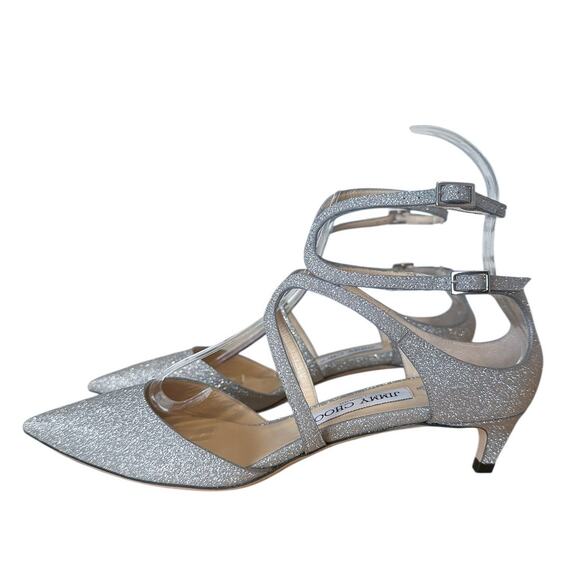 Jimmy Choo Lancer 35 Silver Glitter Pointed Toe Kitten Heel 39 - Picture 2 of 10